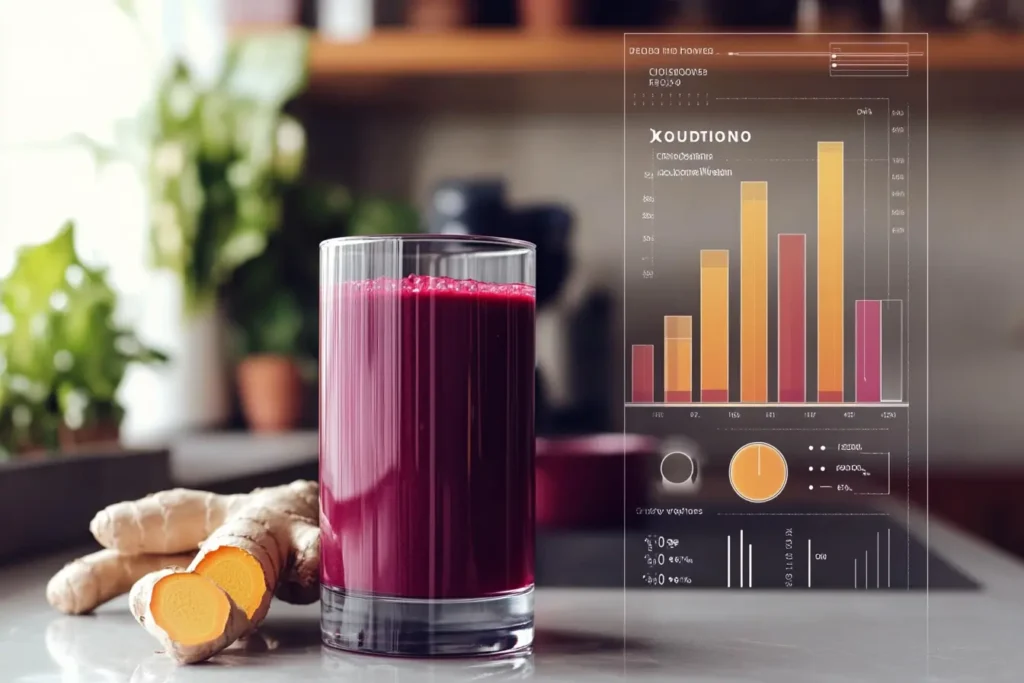 Nutritional infographic of beet, ginger, and turmeric juice