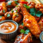 A close-up view of crispy chicken wings coated in a vibrant mango-habanero glaze, glistening with spicy oil, garnished with fresh cilantro and sliced red chilies, served on a rustic wooden platter with a side of creamy dipping sauce, bright tropical colors, warm and inviting atmosphere.