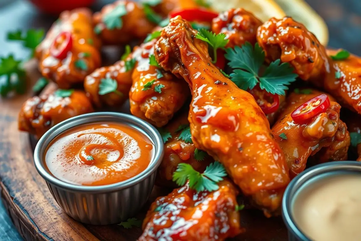 A close-up view of crispy chicken wings coated in a vibrant mango-habanero glaze, glistening with spicy oil, garnished with fresh cilantro and sliced red chilies, served on a rustic wooden platter with a side of creamy dipping sauce, bright tropical colors, warm and inviting atmosphere.