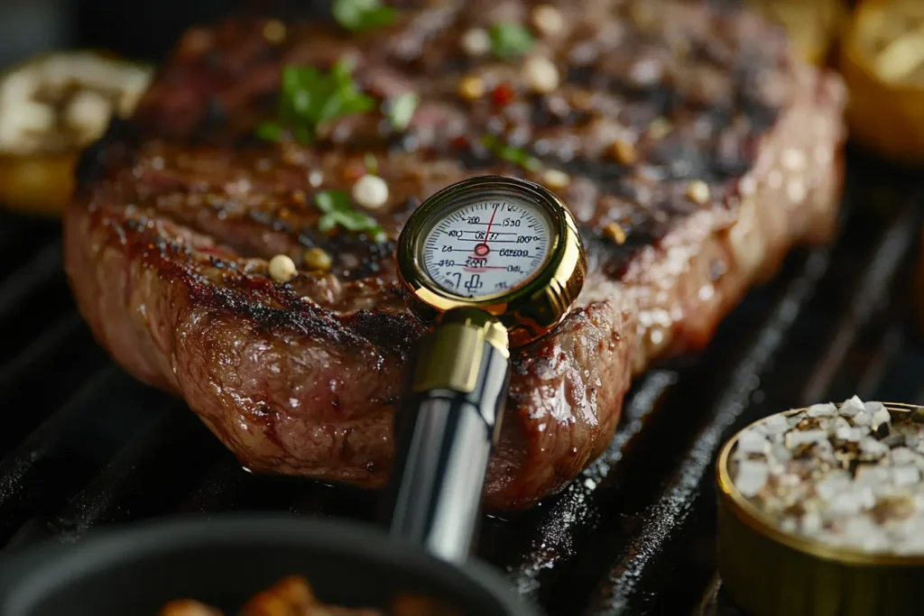 Close-up of a thermometer checking the internal temperature of a tomahawk steak.