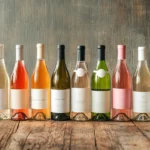 Nonalcoholic wine bottles on a rustic table