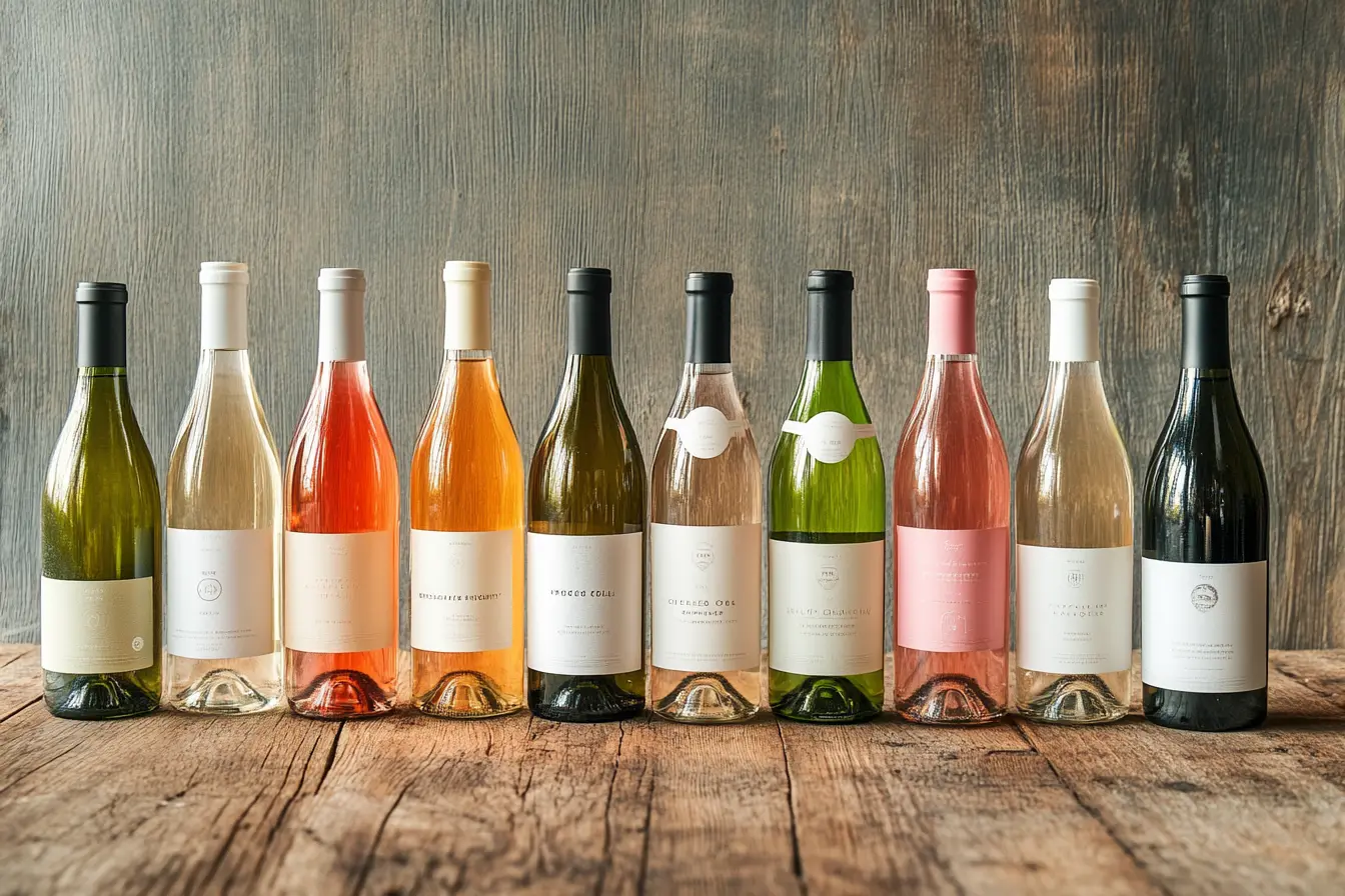 Nonalcoholic wine bottles on a rustic table